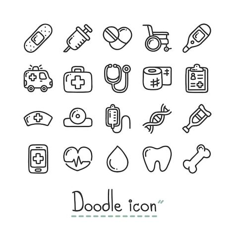 Medical. cute doodle icons. Premium Vect... | Premium Vector #Freepik #vector #pharmacy-symbol #health-symbol #medical-cross #medical-symbol Cute Doodle Icons, Medical Drawings, Doodle Icons, Medical Tattoo, Dibujo Simple, Sketch Note, Planner Icons, Bullet Journal Paper, Cute Doodle