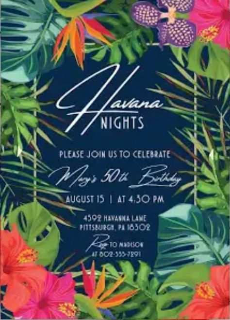 Havana Nights Party Theme, Cuban Party, Havana Nights Party, 61 Birthday, Tropical Invitations, Luau Theme Party, Luau Theme, Havana Nights, Menu Boards