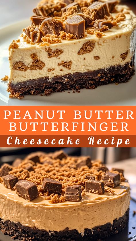 Fall Desserts You NEED to Try: Peanut Butter Butterfinger Cheesecake Recipe Nutty Buddy Cheesecake Recipe, Butterfinger Pudding Dessert, Butter Rum Cheesecake, Easy Butterfinger Pie, Recess Peanut Butter Cheesecake, Butterfinger Cheesecake Recipes, Butterfinger Lush Recipe, Ladyfingers Recipe Desserts, Butterfinger Delight