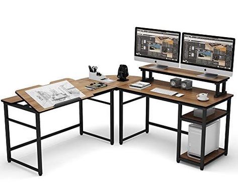 Desk With Monitor Stand, Desk With Monitor, Corner Computer Desk, Drafting Table, Pc Desk, Essential Accessories, Inbox Zero, Monitor Stand, L Shaped Desk