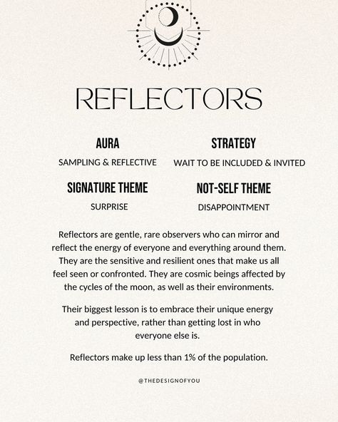 Starting back at the basics with Energy Type! When you start learning about Human Design, the first thing that you will learn about is your energy type✨ There are 5 energy types: Generators, Manifesting Generators, Projectors, Manifestors, and Reflectors 🤍 Energy type is all about how your energy functions in various parts of your life. It reveals your innate strengths and weaknesses, and acts as a manual to help you tap into your potential to live a fulfilling and aligned life! What’s yo... Reflector Human Design, Energy Types, Manifesting Generator, Strengths And Weaknesses, Zodiac Personalities, Moon Cycles, Human Design, Ancient Wisdom, Generators