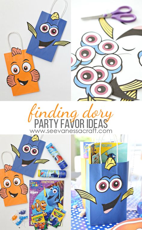 Finding Dory Bag and Party Favor Ideas Finding Dory Party Favors, Birthday Cake Disney, Finding Dory Birthday Party, Dory Birthday Party, Finding Dory Party, Finding Nemo Party, Finding Dory Birthday, Nemo Birthday Party, Finding Nemo Birthday