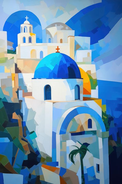 This Abstract Santorini Painting features a contemporary art design that pays homage to the captivating beauty of one of Greece's most renowned islands. With its minimalist art style and vibrant blue and white color palette, this art piece captures the charm of the island's iconic buildings and the serene beauty of the Aegean Sea. This art print serves as a versatile addition to any living room or bedroom, infusing the space with a sense of wanderlust and the enchantment of the Greek islands. Greece Artwork, Santorini Painting, Contemporary Art Design, Greek Icons, Santorini Blue, Greece Art, Greek Blue, Santorini Travel, Abstract Modern Art