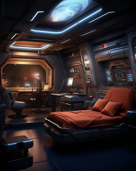 Sci Fi Ship Interior Design, Space Ships Concept Interior, Sci-fi Room, Spaceship Interior Design, Space Ships Interior, Spaceship Interior Bedrooms, Sci Fi Apartment, Sci Fi Interior Design, Sci Fi Bedroom