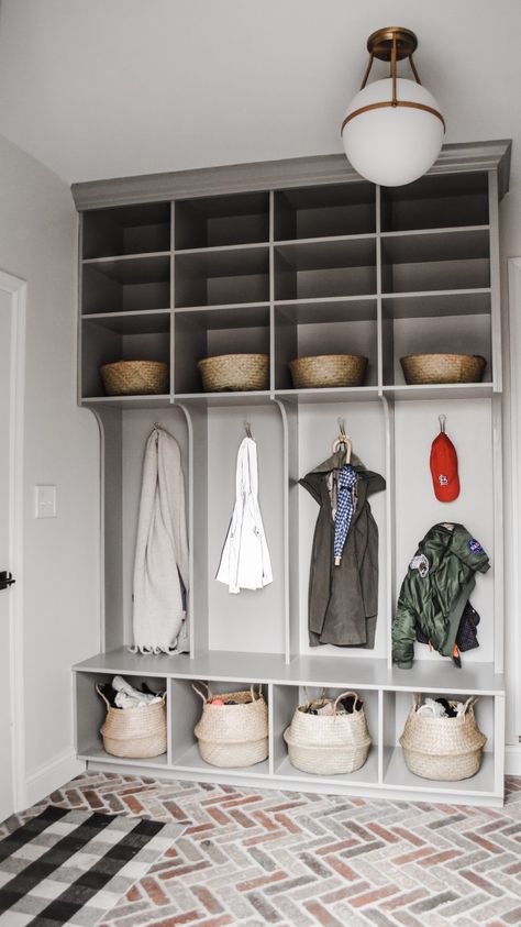 family cubbies in the mudroom for coats, backpacks, and shoe storage Family Coat And Shoe Storage, Mudroom Coat And Shoe Storage, Mudroom With Open Lockers, Coats And Shoes Storage, Narrow Mudroom Storage, Backpack Cubbies For Home, Coats And Shoes Storage Entrance, Garage Coat And Shoe Storage, Hallway Coat And Shoe Storage