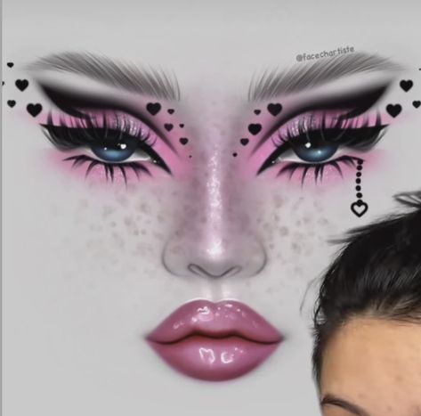 Emo Barbie Makeup, Gothic Valentines Makeup, March Makeup Looks, Valentines Graphic Liner, Valentines Eyeliner, Pink Drag Makeup, Goth Valentines Makeup, Pink Halloween Makeup, Pink And Black Makeup