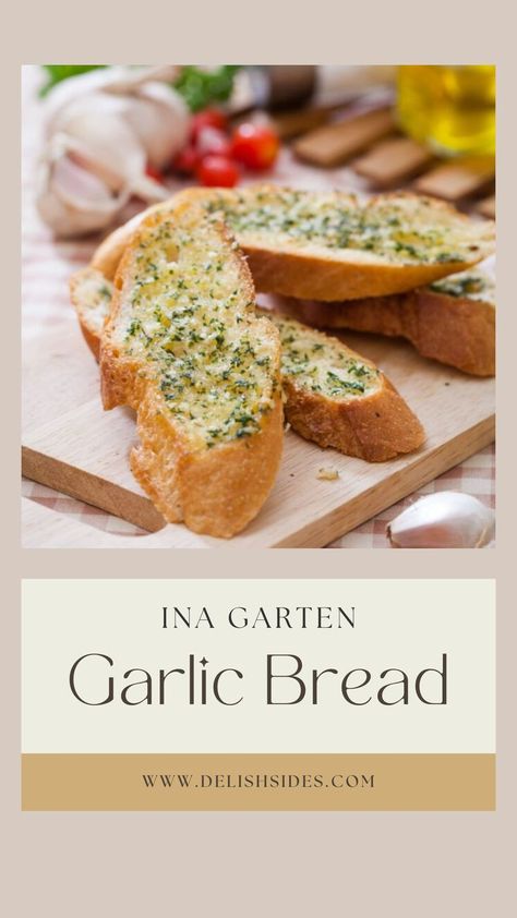 The pin showcases a tantalizing image of Ina Garten's Garlic Bread. The bread is beautifully toasted and glistening with a golden-brown crust, while the garlic butter spread melts enticingly into each slice. The image captures the irresistible appeal of freshly baked garlic bread, inviting viewers to imagine the aroma and taste. Ina Garden Garlic Bread, Ina Garten Garlic Bread, Grilled Garlic Bread, Garlic Bread Spread, Baked Fennel, Pasta Soups, Giada De Laurentiis Recipes, Basil Bread, Garlic Spread