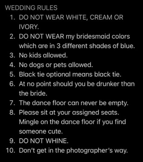 🎩 Wedding Etiquette 101 🎩 - Learn the #do's and #don'ts of being the #perfect #wedding #guest . Follow these essential wedding rules to ensure a #memorable and respectful #celebrationoflife Wedding Guest Rules, Wedding Rules For Guests, Proposal Rules, Wedding Duties, Betty Suarez, Wedding Rules, Wedding Roles, Dream Wedding Decorations, Bachelorette Party Planning