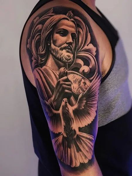 San Judas Shoulder Tattoo, Tonantzin Tattoo, San Judas Tadeo Tattoo Sleeve, Fish Tattoo Leg, San Judas Tattoo Design, Saint Jude Tattoo, Bea Tattoo, St. Jude Tattoo, St Jude Tattoo