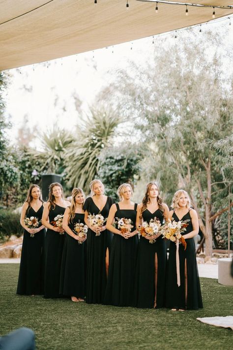 Bridesmaid Dresses Mismatched Black, Black Bridesmaid Dresses Mismatched, Black Bridesmaid Dress Mismatched, Modern Wedding Aesthetic, Bridesmaid Dresses Mismatched, Swan House Wedding, River Garden, Vista California, Tan Wedding