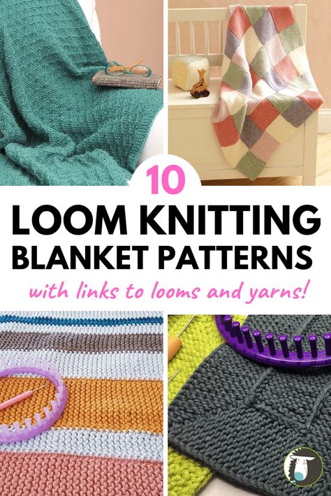 Loom Knitting Blankets Guide + 10 Pattern Ideas — Blog.NobleKnits Round Loom Knitting Patterns For Beginners Baby Blankets, Loom Knitting Temperature Blanket, Bernat Blanket Loom Knit, Yarn Loom Patterns, Serenity Loom Patterns Blanket, Round Loom Knitting Blankets, Round Loom Knitting Blanket, Blanket Loom Patterns, Loom Knit Patchwork Blanket