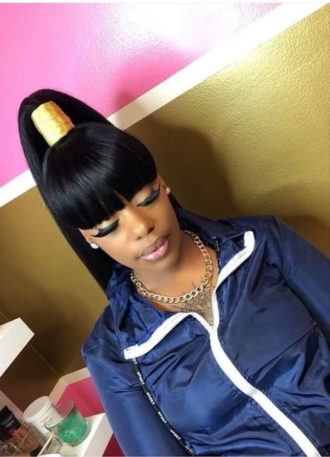 Two Pony Tailed Hairstyle Black Women, Ponytail With Chinese Bang, Saved Hairstyles, High Ponytail With Bangs, Updo Wigs, Ponytails Hairstyle, Frontal Ponytail, Nicki Minaj Hairstyles, Long Ponytail Hairstyles