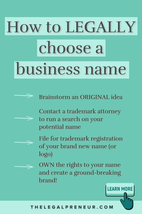 Have you finally decided on a catchy business name idea? WAIT! Your idea could already exist! You need to contact a trademark attorney to run a search on your name. You don’t want to get caught up in a messy rebranding after you’ve started your business. Listen here for business tips to find out how to avoid a lawsuit when coming up with catchy, creative or unique business names. #businesstips #businessnameidea #businessnameideascatchy #businessnamegenerator #businessnameideascreative How To Come Up With Business Name, Picking A Name For Your Business, Event Planning Business Names Ideas, How To Come Up With A Business Name, Western Business Names, Small Business Names Ideas, Business Names Ideas Unique, Llc Tips, Catchy Business Name Ideas