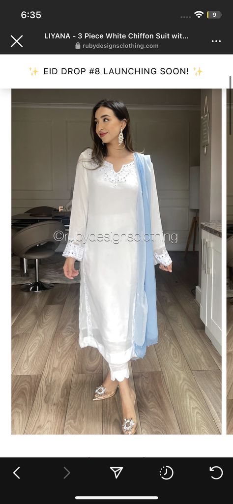 White Kameez, Blue Colour Suit, Ombre Dupatta, Intricate Mirror, Sky Blue Suit, White Vest Top, Eastern Wear, Chiffon Suit, Powder Blue Color