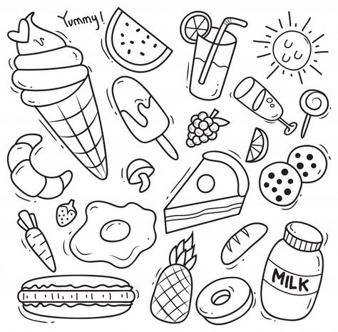 Set of various food in doodle style Premium Vector Arte Doodle, Food Doodles, Doodle Art Journals, Doodle Cartoon, Doodle Art Drawing, Doodle Style, Cute Food Drawings, Easy Doodle Art, Easy Doodles Drawings