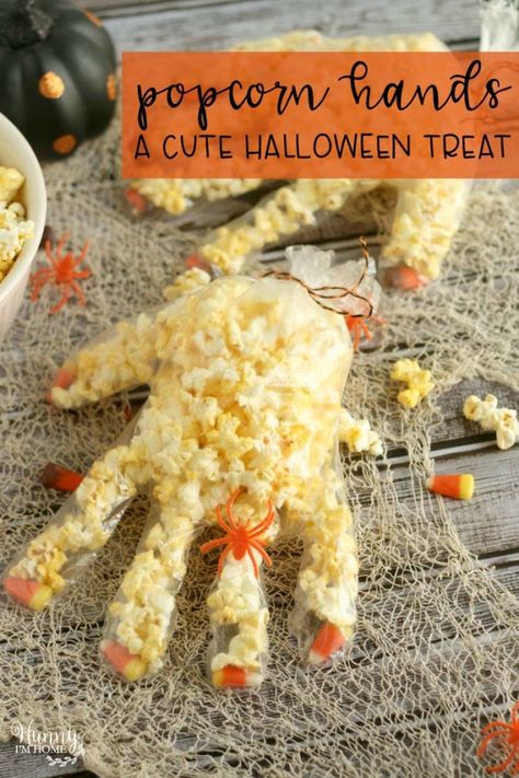 Popcorn Hand: A Cute Two-Ingredient Halloween Snack | Hunny I'm Home Toddler Halloween Treats For Daycare, Popcorn Hands, Volunteering Ideas, Snack Halloween, Kids Deserts, Resident Retention, Halloween Deserts, Class Crafts, Halloween Snacks For Kids