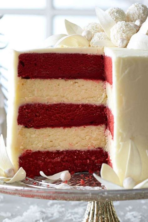 Red Velvet And White Chocolate Cake, Layered Red Velvet Cake, Red Velvet Layer Cake Recipes, Gourmet Red Velvet Cake, Red Velvet And Cheesecake Layer Cake, Vanilla And Red Velvet Layer Cake, Red Velvet Cake With Cheesecake Layer, Red Velvet White Chocolate Cheesecake, Red Velvet Wedding Cake 2 Tier