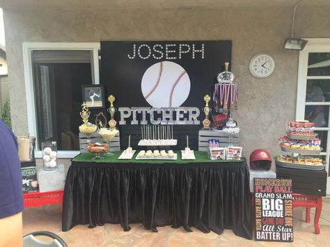 Joseph 18th Birthday | CatchMyParty.com 50th Birthday Baseball Theme, Softball Graduation Party Ideas, Baseball Graduation Party Ideas, Baseball Birthday Party Ideas, Softball Party, Baseball Theme Birthday, 50 Party, Boy Graduation, Baseball Theme Party