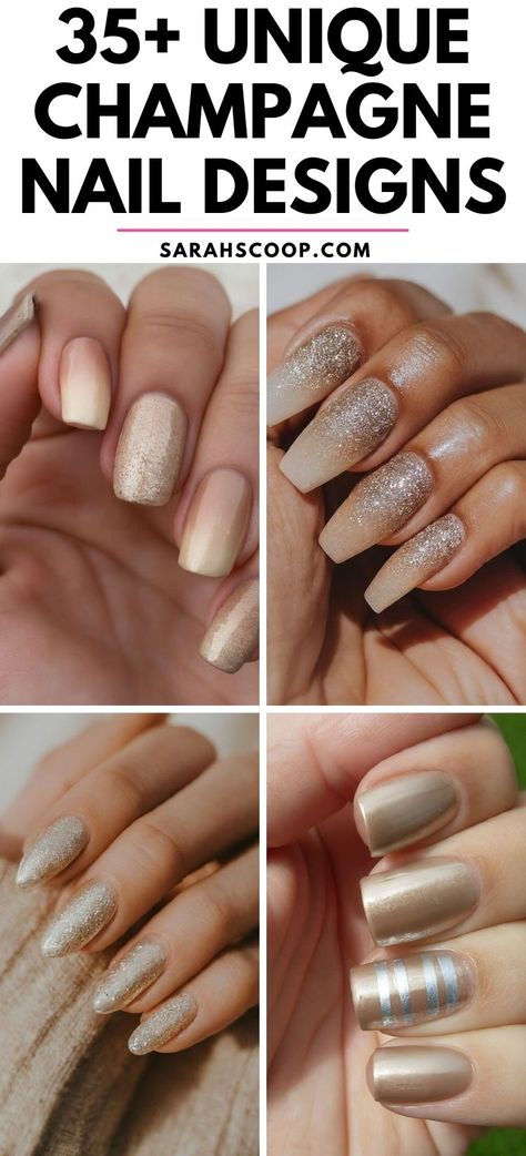 Celebrate style and elegance with these 35+ exquisite champagne nail designs. Perfect for date nights, parties, or a glam night out! 💅🍾✨ #ChampagneNails #NailDesigns #ChampagneNailIdeas Champagne Nails With Chrome, Nail Ideas Champagne, Bridesmaid Nails With Gold, Champagne And Silver Nails, Champagne Nails Coffin, Gold Dip Powder Nails Ideas, Nail Ideas For Champagne Dress, Nail Color To Match Gold Dress, Nails For Sequin Dress