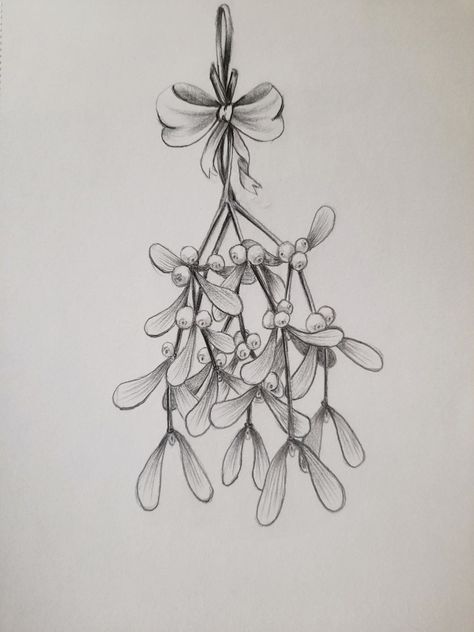 Christmas mistletoe drawing Mistletoe Tattoo Design, Mistletoe Drawing Simple, Christmas Mistletoe Drawing, Miseltoe Drawings, Mistletoe Linocut, Christmas Tatoos Ideas, Christmas Ink Drawing, Mistletoe Drawing Easy, Mistletoe Doodle