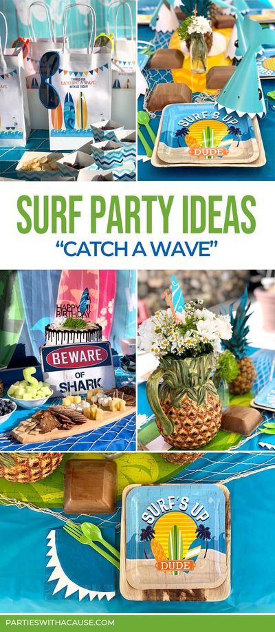 Ready to Catch a Wave? This surfing party is so simple and fun. Check out all the surf party decorations, surf food ideas, surf printables, and EASY centerpieces for the perfect surf party with a Hawaiian vibe! Find all the fun details at PartiesWithACause.com #surfparty #kidsbirthdayparty #kidpartyideas Surfer Birthday Party Decorations, Surfs Up Birthday Party Decoration, Surf Party Food Ideas, Surfer Party Food, Surf Centerpiece Ideas, Surfer Party Ideas, Surf Theme Party Food, Surf Birthday Party Food, The Big One Surf Birthday Food