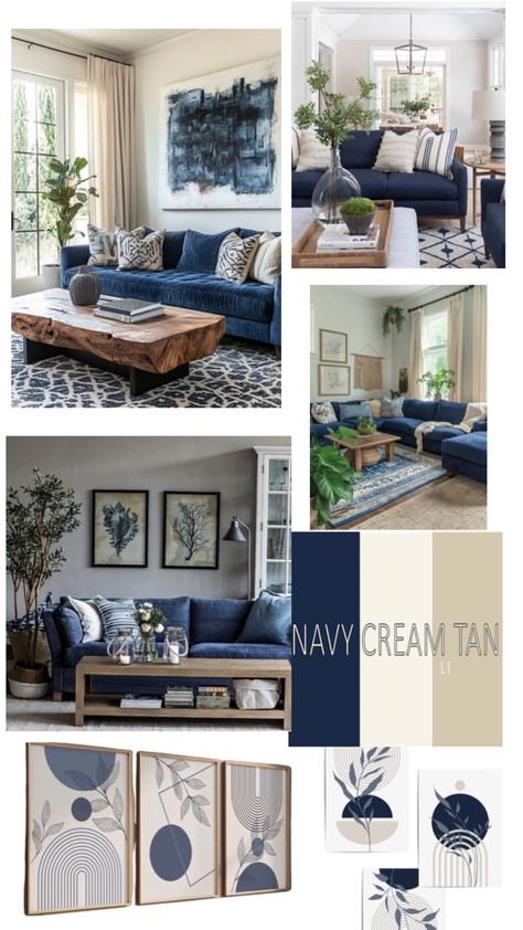 Navy Country Living Room, Navy Couch Grey Walls Living Room, Navy Sofa Cream Walls, Monochromatic Blue Living Room, Navy Blue Couch Decor, Navy Blue Colour Scheme, Grey Blue Couch Living Room, Blue Grey Couch Living Room, Navy Couch Living Room Color Schemes