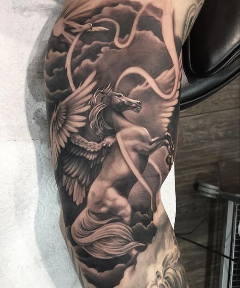 Horse Wings, Hercules Tattoo, Pegasus Tattoo, Inside Of Arm Tattoo, Clouds Sunrise, Sky Tattoos, Horse Tattoo Design, Dragon Tattoos For Men, Greek Mythology Tattoos