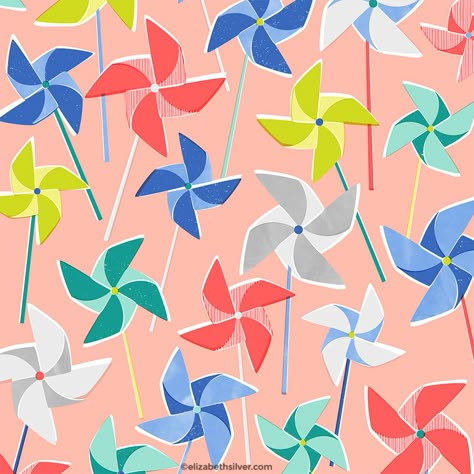 Spring pinwheels ©elizabeth silver Pinwheel Illustration, Milky Way Illustration, Pinwheel Art, Way Illustration, Paper Pinwheels, Woodblock Printmaking, Flying Kite, Pinwheels Paper, Pin Wheel