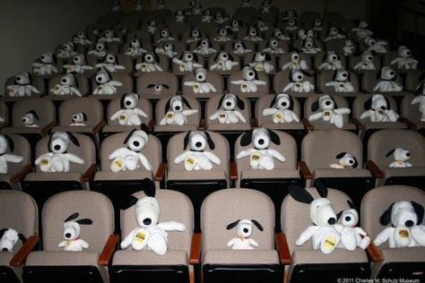 snoopy plushes of all shapes and sizes watching a movie in a dingy theatre Theater Audience, In The Middle, Stuffed Animals, Plush Toys, The Middle, Theater, Snoopy, Black And White, On Twitter