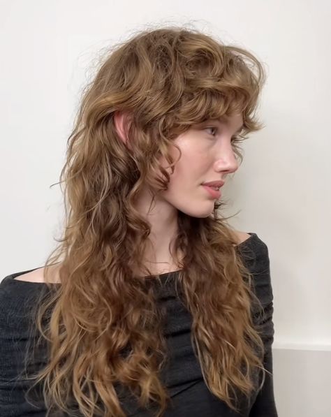 Super Curly Hair With Bangs, Shaggy Curly Hair Blonde, Curly Hair Mullet Long, Ethereal Haircut, Elvish Shaggy Mullet, Fairy Shag Haircut, Irish Curls Haircut, Curly Hair Jellyfish Haircut, Soft Mullet Long Hair