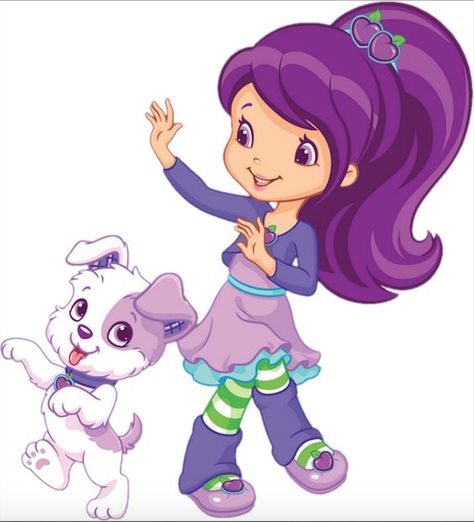 Plum Pudding dancing with her puppy dog, PitterPatch from Strawberry Shortcake Movie Character Ideas, Strawberry Shortcake Pictures, June Zodiac, Strawberry Shortcake Costume, Purple Strawberry, Berry Shortcake, Strawberry Shortcake Cartoon, Strawberry Shortcake Characters, Plum Pudding