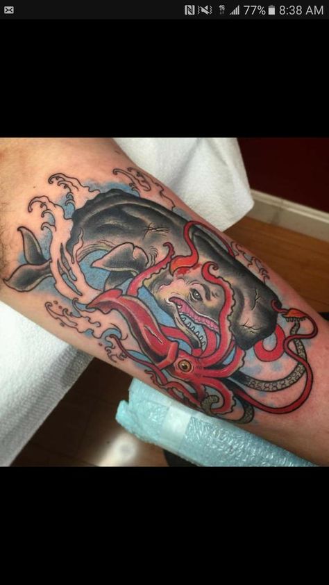 Tattoo Ideas Korean, Sperm Whale Tattoo, North Tattoo, Squid Tattoo, Whale Tattoo, Giant Squid, Whale Tattoos, Portsmouth Nh, Sperm Whale