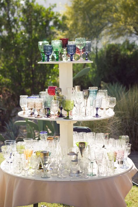 Love how this whole wedding is based on Borrego springs Glass Cup Wedding Favors, Thrift Store Cups Wedding, Engagement Party Happy Hour, Wedding Drinking Glasses, Glass Tags Wedding, Thrifted Cups For Wedding, Wedding Favor Cups, Garden Cocktail Hour, Wedding Drink Table