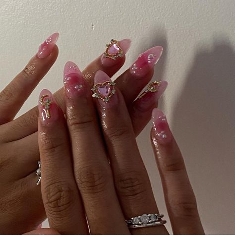 nails nail art gel x extensions Red Nail Art Aesthetic, Short Sailor Moon Nails, Madoka Magica Inspired Nails, Sailor Venus Nails, Sailor Moon Themed Nails, Planet Nail Charms On Nails, Nanami Nails, Lovecore Nails, Sailor Moon Nails Design