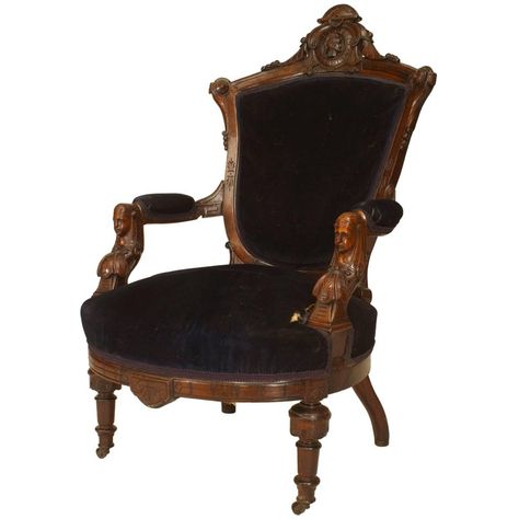 Victorian Style Chair, Victorian Style Furniture, Velvet Arm Chair, Victorian Armchair, Blue Velvet Armchair, Modern Club Chair, Walnut Armchair, Victorian Chair, Victorian Interior