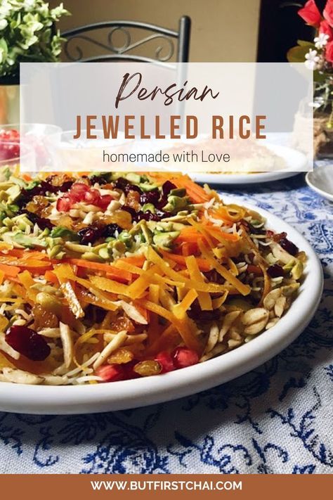 Persian Jeweled Rice, also known as Javaher Polow with tahdig, is a spectacular Middle Eastern wedding rice studded with colourful dried fruit, nuts, and candied orange peel. With a little commitment, it can be a stunning centrepiece for any celebration. Persian Jeweled Rice, Candied Orange Peels, Jeweled Rice, Middle Eastern Wedding, Wedding Rice, Eastern Wedding, Parboiled Rice, Candied Orange, Orange Peels