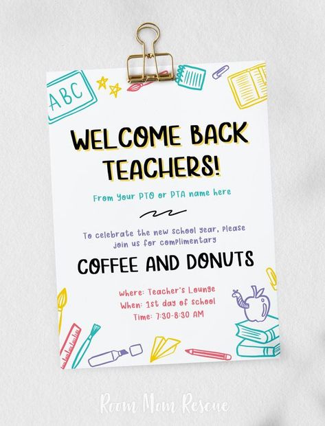 Welcome teachers and staff back to school with a teacher breakfast using this free printable invitation! Completely editable, this invite can be printed or emailed and made to match your themes. Get breakfast food ideas and use this invitation to make decorations and signs at your back to school teacher breakfast on the first day. Learn more at roommomrescue.com #backtoschoolbreakfast #teacherbreakfast #teacherbreakfastinvite Back To School Teacher Breakfast, Welcome Back Teachers, Breakfast Food Ideas, Welcome Back Teacher, Breakfast Invitation, School Donations, School Planning, Teacher Breakfast, Back To School Breakfast