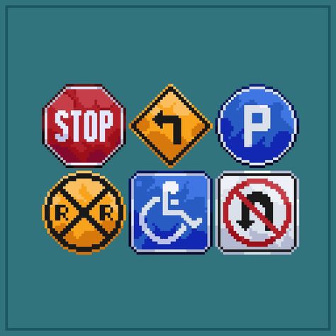 🚸 Road signs [32x32] — This is my first time drawing 32x32 pixel assets! I kind of like it to be honest, there is so much more room for details. - - - #pixelart #aseprite #roadsigns #digitalartist #smallartist Pixel Art Assets, Pixel Assets, 32x32 Pixel Art Grid, Art List, Cool Pixel Art, Time Drawing, Pixel Art Characters, Pixel Art Grid, Traffic Signs