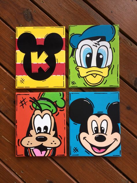 Hand painted Mickey Mouse Clubhouse Canvas Mini Toile, Disney Canvas Art, Disney Canvas, Disney Paintings, Painting Canvases, Cute Canvas Paintings, Cartoon Painting, Disney Decor, Cute Canvas