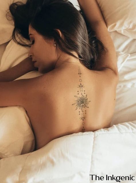 40+ Feminine Back Tattoos to Inspire Your Next Ink Ornamental Tattoo Meaning, Back Tattoo Lotus, Ornamental Sun Tattoo, Back Tattoo Women Upper, Back Tattoos For Women, Ornamental Tattoos, Feminine Back Tattoos, Floral Back Tattoos, Small Back Tattoos