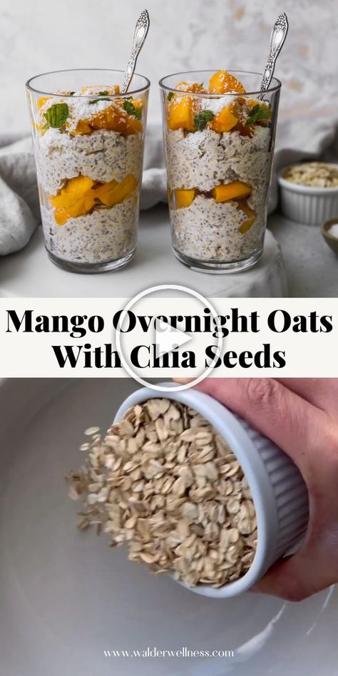 These delicious mango overnight oats are made with chia seeds, greek yogurt, coconut, and fresh mint! They’re a quick and easy healthy breakfast idea that is meant to be made in advance. This recipe has no added sugar, can easily be made gluten-free, and can even be made vegan. Mango Overnight Oats, Overnight Oats With Chia Seeds, Mango Nutrition, Oats With Chia Seeds, Overnight Oats With Chia, Easy Overnight Oatmeal, Walder Wellness, Overnight Oats Recipe Easy, Healthy Make Ahead Breakfast