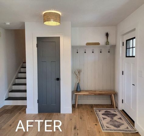 Grizzle Gray doors would always stand out whether they’re inside or outside. The color is at its best when highlighting a white, off-white, or lighter gray wall like in this entryway. Gray Doors Interior, Dark Gray Interior Doors, Sherwin Williams Grizzle Gray, Grizzle Gray, Gray Interior Doors, Gray Closet, Gray Doors, Grey Interior Doors, Gray Bedroom Walls