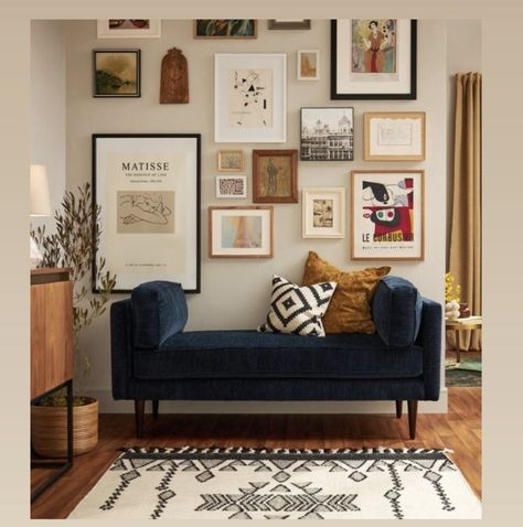 Antique Modern Gallery Wall, Entryway Family Room, Fun Artwork For Living Room, Slanted Gallery Wall Sloped Ceiling, Art Deco Apartment Living Room, Eclectic Gallery Wall Bohemian, Eclectic Gallery Wall Ideas, Curated Loft, Colorful Gallery Wall