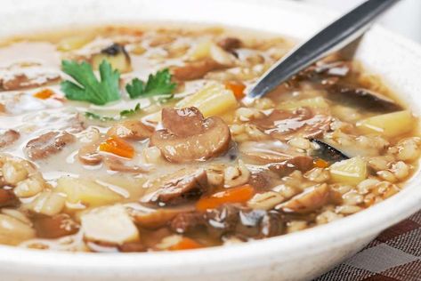 Mushroom Barley Soup Photo: Fotolia.com / cook_inspire - Fotolia Soup With Mushrooms, Chicken Barley, Chicken Barley Soup, Mushroom Barley, Mushroom Barley Soup, How To Cook Barley, Cooking Pumpkin, Chicken Mushroom, Barley Soup