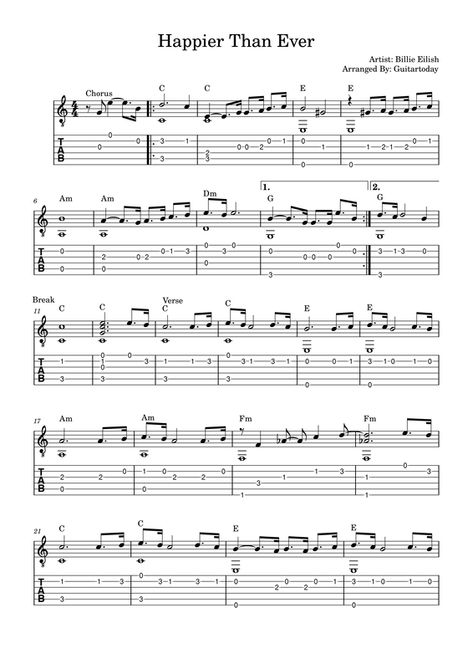 Beginner Guitar Tabs Songs, Guitar Tabs Billie Eilish, Billie Eilish Guitar Tab, Hayloft Guitar Tab, Acoustic Guitar Sheet Music, Billie Eilish Guitar Chords, Electric Guitar Tabs For Beginners, Electric Guitar Notes, Easy Guitar Tabs Songs