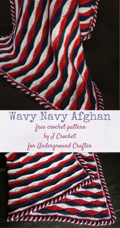 Crochet Pattern: Wavy Navy Afghan by J Crochet | Underground Crafter Candy Cane Border, Blue Crochet Blanket, Afghan Crochet Patterns Easy, Crochet Stitches Symbols, Color Blanket, Crochet Afghan Patterns Free, Crochet Afgans, Crochet Easy, Crochet Blanket Afghan