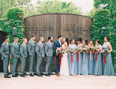 Red & Dusty Blue Wedding at The Villa San Juan Capistrano - Inspired By This Dusty Blue Entourage, Dusty Blue And Red Wedding Theme, Groomsmen Attire Dusty Blue, Steel Blue Wedding Party, Dusty Blue And Red Wedding, Dusty Blue Groom, Dusty Blue Groomsmen Attire, Dusty Blue Bridal Party, Dusty Blue Wedding Party