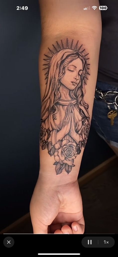 Blessed Mary Tattoo, Chicano Virgin Mary Tattoo, Virgen De Guadalupe Tattoo Ideas Sleeve, Traditional Guadalupe Tattoo, Drawing Of Virgin Mary, Mary The Virgin Tattoo, Virgen De Guadalupe Forearm Tattoo, Latina Sleeve Tattoo, Our Lady Of Guadalupe Tattoo Sleeve