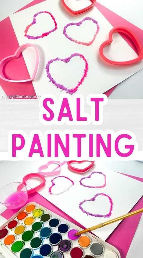 Salt painting for kids. A fun process art idea using salt and paint. Heart salt art. Salt Painting For Kids, Family Valentines, Valentines Activities, Family Valentines Day, Salt Painting, Kids Holidays, February Crafts, Easy Valentine Crafts, Valentine's Day Crafts For Kids