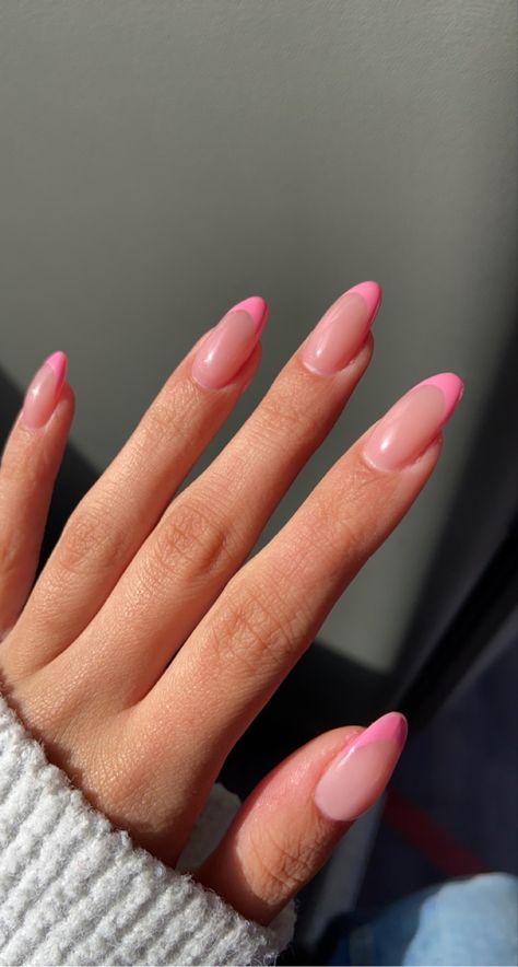 Pink And White Nails Oval Shape, Color Tip Nails Almond, Barbie Pink French Tip Nails Almond, French Pink Nails Almond, Pink Nails Pink French Tip, Simple Negative Space Nail Art, Barbie French Manicure, French Manicure With Purple Tips, Pale Pink French Tip Nails Almond